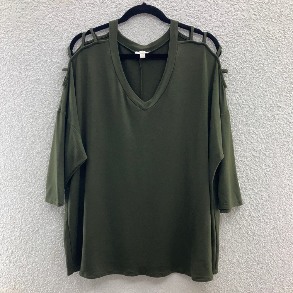 Charming Charlie Olive Green Lightweight Cold Shoulder V Neck Blouse Shirt Top